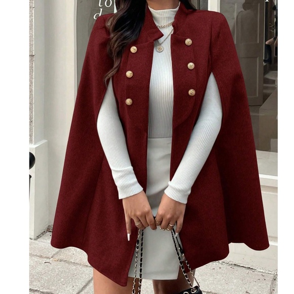 Plus Solid Button Detail Cape Jacket Coat - Picture 8 of 10